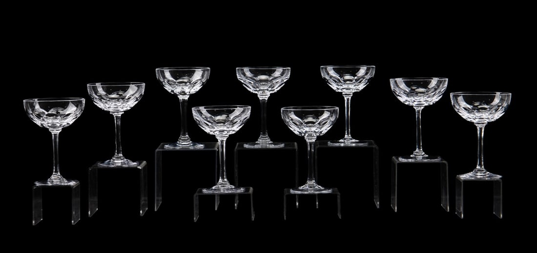 WILLIAM YEOWARD, SET OF 9 'DAVINA' COUPES: William Yeoward (English, founded 1995). Set of nine "Davina" champagne / tall sherbet glasses, each rising on a round foot, all marked appropriately to underside. Provenance: Private Collection of Al