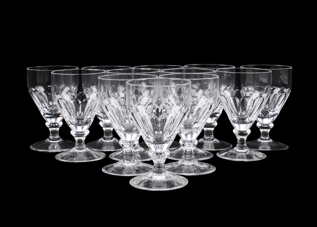 WILLIAM YEOWARD, 12 'IONA' LARGE WINE GLASSES: William Yeoward (English, founded 1995). Set of 12 crystal "Iona" large wine glasses, each rising on a round foot, all marked appropriately to underside Provenance: Private Collection of Alton Arnall