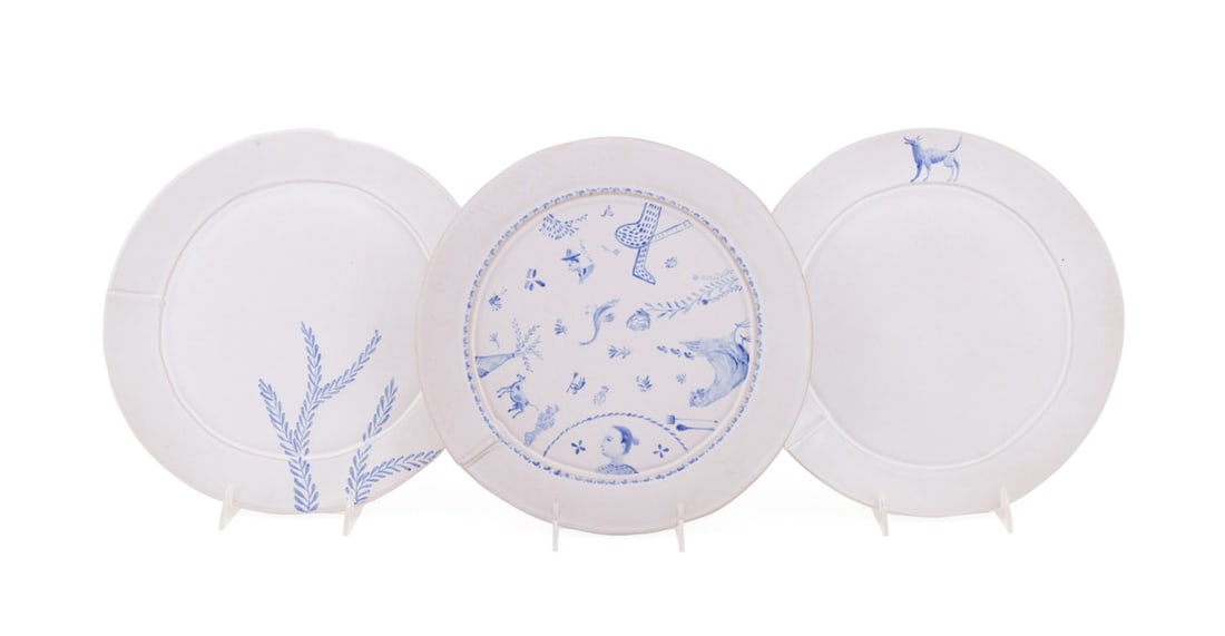 TYLER HAYS FOR BDDW, GROUP OF 3 DINNER PLATES: Tyler Hays (American, born 1968) for BDDW (American, founded 1995). Group of three ceramic dinner plates with various designs, all marked appropriately. Provenance: Private Collection of Alton Arnall