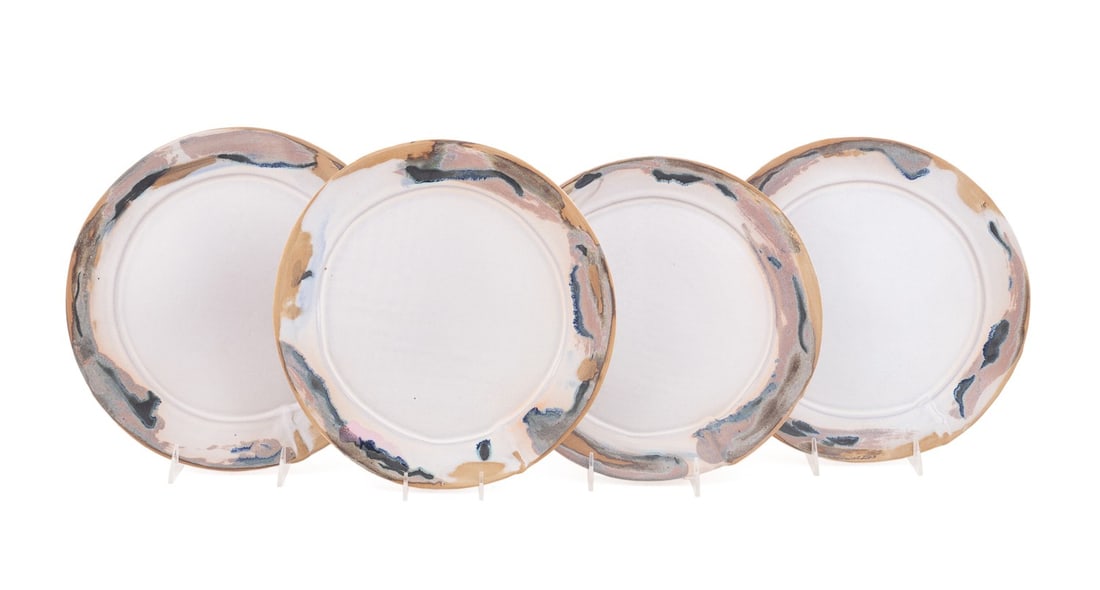 TYLER HAYS FOR BDDW, GROUP OF 4 DINNER PLATES: Tyler Hays (American, born 1968) for BDDW (American, founded 1995). Group of four ceramic dinner plates with various designs, all marked appropriately. Provenance: Private Collection of Alton Arnall T
