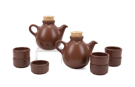 HEATH CERAMICS, GROUP OF 9 TEAPOTS AND CUPS