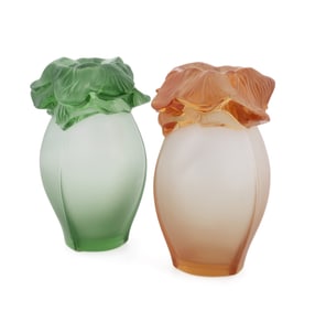 LALIQUE, PAIR OF 'ST. BARTH' VASES, AMBER & GREEN