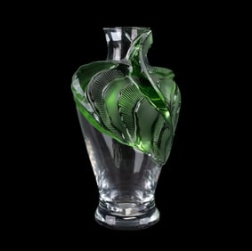 LALIQUE 'TANEGA' COLORLESS AND GREEN CRYSTAL VASE