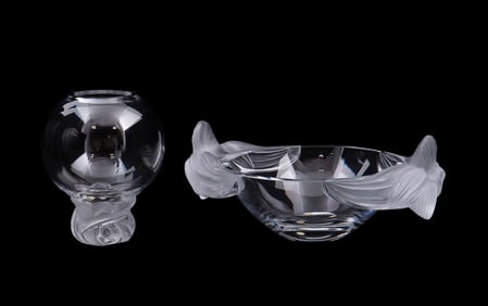 LALIQUE, COLORLESS CRYSTAL BOWL AND VASE