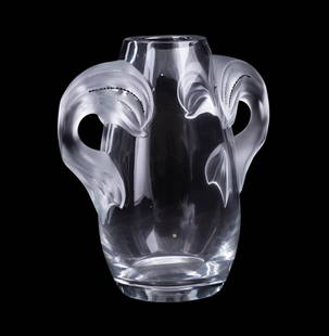 LALIQUE COLORLESS 'ASTELIA" CRYSTAL VASE, 35/99: Lalique (French, founded 1888), late 20th century. Limited edition colorless "Astelia" crystal vase, having black enamel accents, appropriately marked and numbered 35 of 99. Provenance: Private Collec