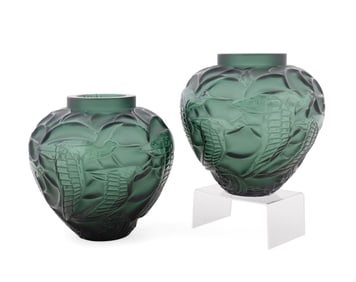 LALIQUE, PAIR OF GREEN 'COURLIS' CRYSTAL VASES