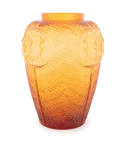 LALIQUE AMBER 'MASQUE DE FEMME' CRYSTAL VASE, 3/20