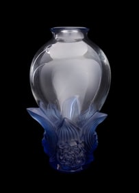 LALIQUE 'PIVOINES' BLUE CRYSTAL VASE, 8/99