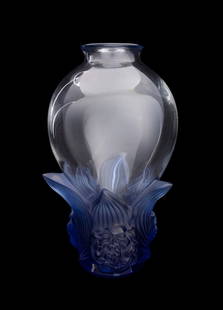 LALIQUE 'PIVOINES' BLUE CRYSTAL VASE, 8/99: Marie-Claude Lalique (French, 1935-2003) for Lalique (French, founded 1888), contemporary. Limited edition colorless "Pivoines" crystal vase, having applied blue flowers and leaves, marked appropriate
