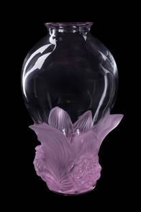LALIQUE 'PIVOINES' PINK CRYSTAL VASE, 31/99: Marie-Claude Lalique (French, 1935-2003) for Lalique (French, founded 1888), contemporary. Limited edition colorless "Pivoines" crystal vase, having applied pink flowers and leaves, marked appropriate