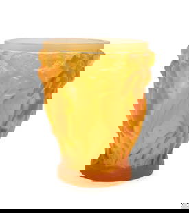 LALIQUE AMBER 'BACCHANTES' ANNIVERSAIRE VASE: Lalique (French, founded 1888), 2007. Amber crystal "Bacchantes" Edition Anniversaire vase, model number 997, introduced 1927, retaining a partial Neimen-Marcus label, marked appropriately, and number