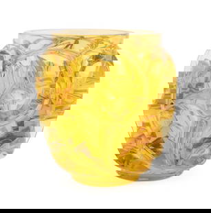 LALIQUE 'TOURBILLONS' YELLOW CRYSTAL VASE, NO. 973: Lalique (French, founded 1888), contemporary. Limited edition yellow "Tourbillons" crystal vase, model number 973, after the original issued in 1926, retaining a partial Neimen-Marcus label, signed ap