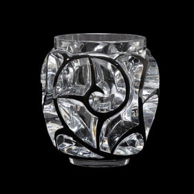 LALIQUE 'TOURBILLONS' BLACK ENAMEL ACCENTED VASE