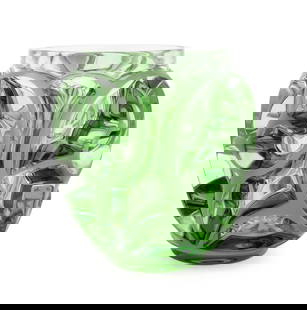 LALIQUE 'TOURBILLONS' GREEN CRYSTAL VASE, NO. 973: Lalique (French, founded 1888), contemporary. Limited edition lime green "Tourbillons" crystal vase, model number 973, after the original issued in 1926, retaining a Neimen-Marcus label, signed approp