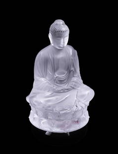 LALIQUE COLORLESS 'BUDDHA' SCULPTURE ON BASE: Lalique (French, founded 1888), contemporary. Colorless "Buddha" crystal sculpture, on attached black crystal base, marks obscured by attached base. Provenance: Private Collection of an Esteemed Gentl
