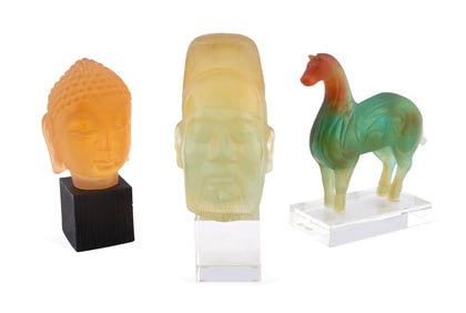 DAUM, THREE ASIAN MOTIF PATE DE VERRE SCULPTURES