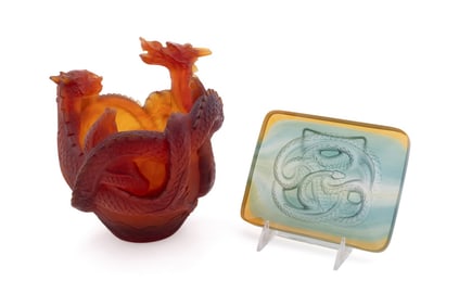DAUM, 'DRAGON' VASE & 'SNAKE' PATE DE VERRE TRAY