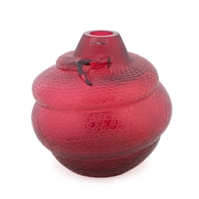 LALIQUE RUBY RED 'SERPENT' CRYSTAL VASE