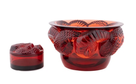 LALIQUE, DEEP AMBER 'SNAKE' CRYSTAL BOWL AND BOX