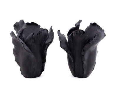 DAUM, PAIR OF BLACK 'TULIP' PATE DE VERRE VASES: Daum (French, founded 1878), contemporary. Pair of limited edition black "Tulip" pate de verre vases, marked appropriately and numbered 67 and 68 of 425. Provenance: Private Collection of an Esteemed