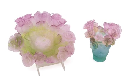 DAUM 'PASSION ROSE' VASE AND CENTERPIECE