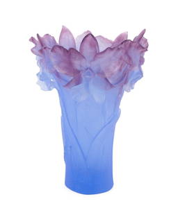 DAUM PURPLE/BLUE 'IRIS' PATE DE VERRE VASE: Daum (French, founded 1878), contemporary. Purple and blue "Iris" pate de verre vase, marked appropriately. Provenance: Private Collection of an Esteemed Gentleman, Atlanta, GA. Approximate dimensions