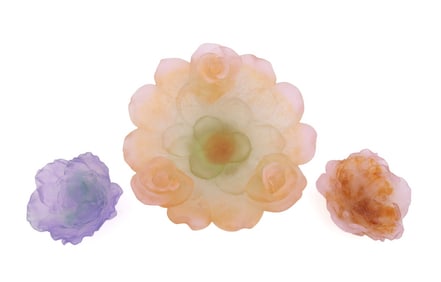 DAUM, THREE FLORAL PATE DE VERRE BOWLS