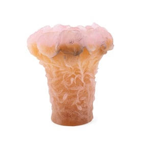 DAUM 'HIBISCUS' PINK/AMBER PATE DE VERRE VASE