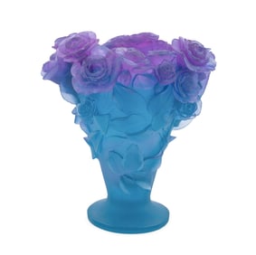 DAUM PURPLE 'ROSES IN VASE' PATE DE VERRE VASE