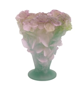 DAUM PINK 'ROSES IN VASE' PATE DE VERRE VASE, 11"
