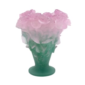 DAUM PINK 'ROSES IN VASE' PATE DE VERRE VASE, 11"