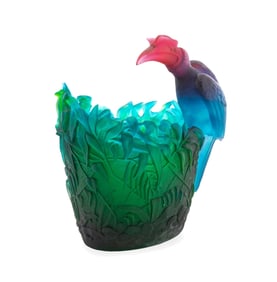 DAUM 'JUNGLE' VASE W/ EXOTIC BIRD, 48/225