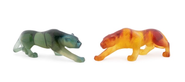 DAUM, PAIR OF 'PANTHERE' PATE DE VERRE SCULPTURES