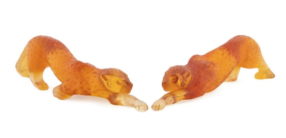 LALIQUE, PAIR OF AMBER 'ZELIA' PANTHER SCULPTURES