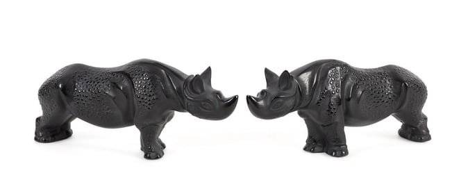 LALIQUE, PAIR OF BLACK 'RHINOCEROS' SCULPTURES