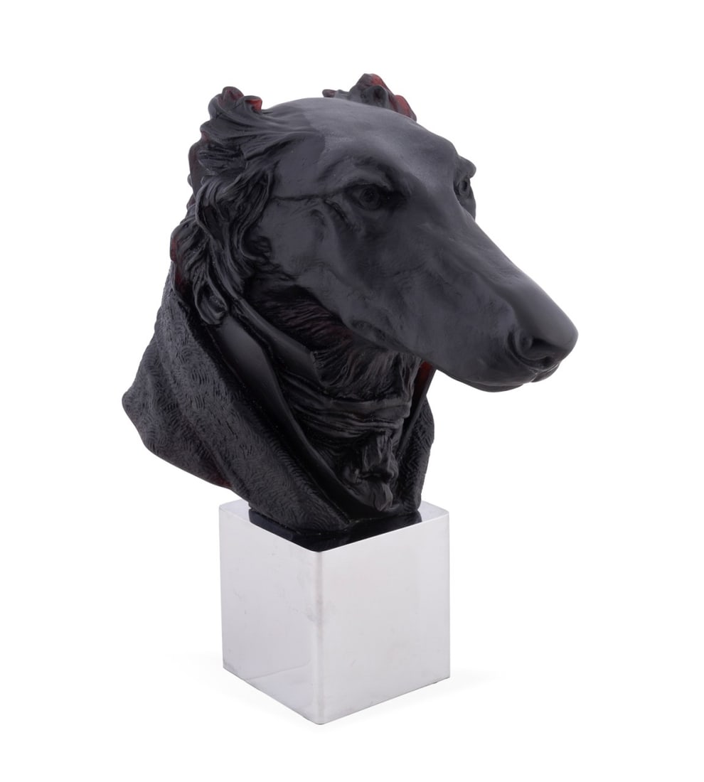JEAN-FRANCOIS LEROY FOR DAUM, 'ANDREW' GREYHOUND: Jean-Francois Leroy (French, born 1964) for Daum (French, founded 1878), contemporary. Limited edition Dandys collection black "Andrew" pate de verre greyhound sculpture, on chromed base, appropriatel