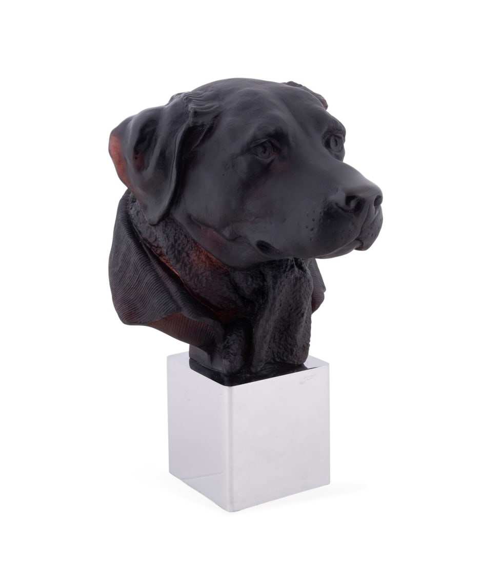 JEAN-FRANCOIS LEROY FOR DAUM, 'GASPARD' LABRADOR: Jean-Francois Leroy (French, born 1964) for Daum (French, founded 1878), contemporary. Limited edition Dandys collection black "Gaspard" pate de verre labrador retriever sculpture, on chromed base, ap