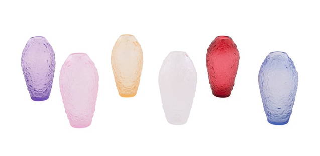 LALIQUE, SET OF SIX 'VIOLETA' CRYSTAL BUD VASES: Lalique (French, founded 1888), contemporary. Set of six "Violeta" crystal vases in colorless, amber, blue, pink, purple, and red, all appropriately marked. Provenance: Private Collection of an Esteem