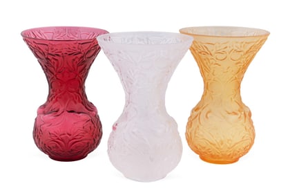 LALIQUE, THREE 'ARABESQUE' CRYSTAL BUD VASES
