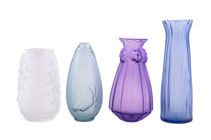 LALIQUE, FOUR ASSORTED COLORED CRYSTAL VASES