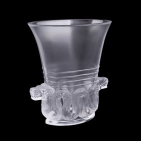 LALIQUE COLORLESS 'AZTECA' CRYSTAL VASE, C. 1999