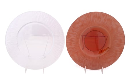 LALIQUE, TWO SUNBURST CHARGERS, COLORLESS & AMBER