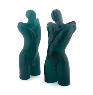 DAUM, PAIR OF 'THEOREME' PATE DE VERRE SCULPTURES: Anne-Laure Capo di Feltre (French, born 1952) for Daum (French, founded 1878), late 20th century. Pair of limited edition green "Theoreme" pate de verre sculptures, appropriately marked and numbered 1