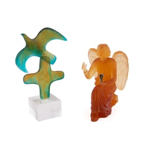 DAUM, TWO RELIGIOUS MOTIF PATE DE VERRE SCULPTURES