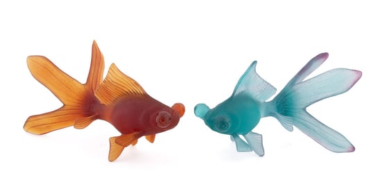 DAUM, TWO 'GOLD FISH' PATE DE VERRE SCULPTURES