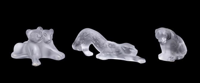 LALIQUE, THREE WILD CAT CRYSTAL SCULPTURES