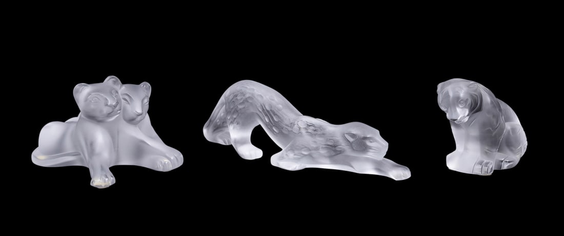 LALIQUE, THREE WILD CAT CRYSTAL SCULPTURES (1 of 7)
