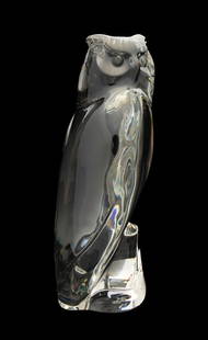 JAN TESAR FOR BACCARAT 'BARN OWL' SCULPTURE, 13/50: Jan Tesar (Czech) for Baccarat (French, founded 1764), late 20th to early 21st century. Large limited edition colorless "Eagle Owl" crystal sculpture, appropriately marked and numbered 13 of 50. Prove