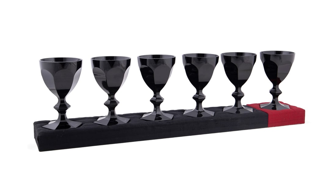 PHILIPPE STARCK FOR BACCARAT, 'UN PARFAIT', 3035: Philippe Starck (French, born1949) for Baccarat (French, founded 1764), 2005. Set of six limited edition Darkside collection black "Un Parfait" crystal "Harcourt-Versailles" (pattern introduced 1841)