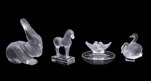LALIQUE, FOUR DECORATIVE CRYSTAL ARTICLES